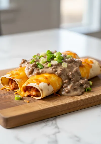 Breakfast Enchiladas with Beef Sausage Gravy