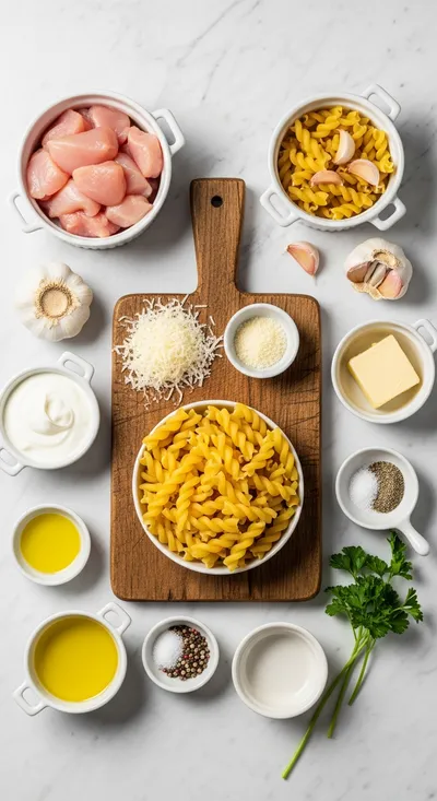 Creamy Garlic Parmesan Chicken & Cheesy Twisted Pasta - cooking process
