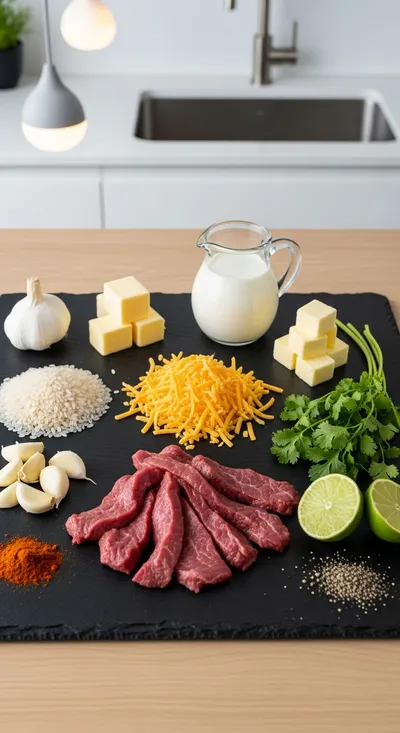 Creamy Queso Rice with Juicy Steak Strips - cooking process