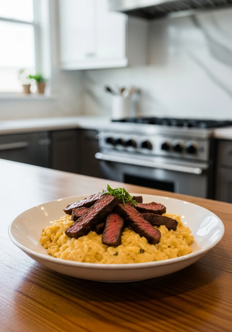 Creamy Queso Rice with Juicy Steak Strips