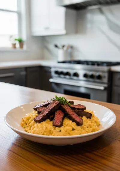 Creamy Queso Rice with Juicy Steak Strips