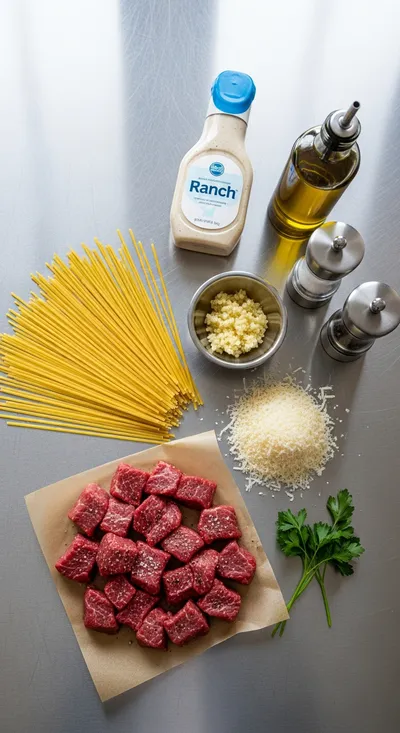 One Pan Garlic Parmesan Beef Ranch Spaghetti - cooking process