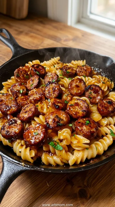 Sticky Honey Garlic Sausage Pasta Skillet
